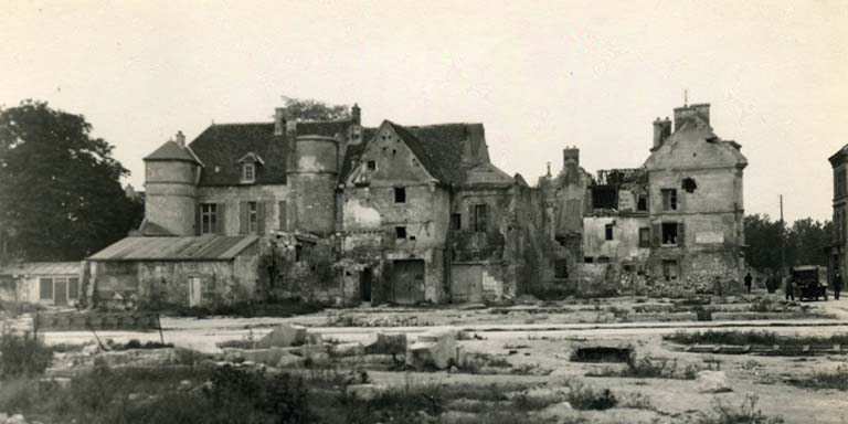 A partially destroyed building in Europe after World War II