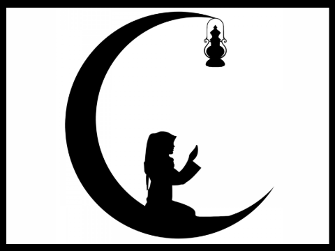 A woman praying in the midst of a crescent moon.