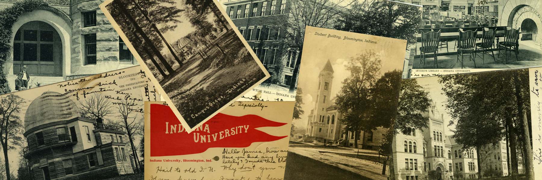 A collage of yellowed postcards all depicting the Indiana University campus. One postcard has a bright red Indiana University flag.