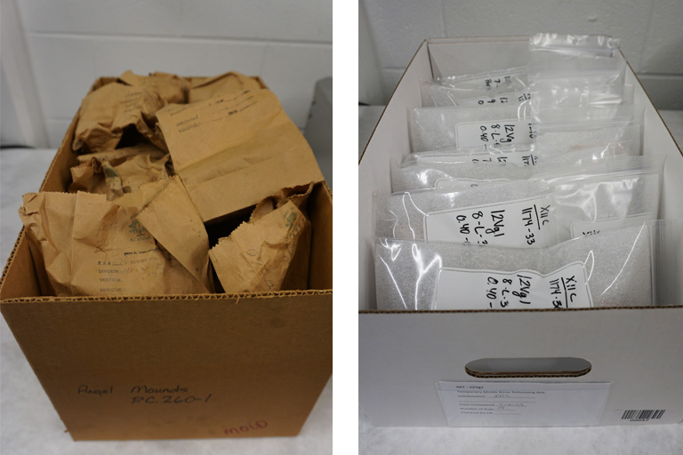 split image: brown box with brown bags on left, white box with clear bags on right